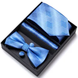 Toptan Tatil Hediye Erkekler için Fit Moda Parti Lüks Düğün Kravat Bowtie Hanky ​​Kol Düğmeleri Set İpek Mavi Kravat Cep Kare