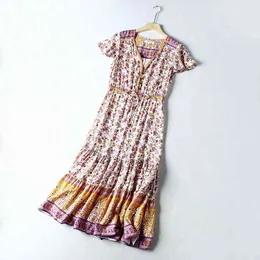 Jastie Women Dress Vintage Floral Print Midi Dresses Summer Short Sleeve V-Neck Boho Dress Casual Beach Holiday Dresses 210419