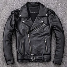 Spring Classical Motorcycle oblique zipper Jackets Men Leather Jacket Natural Calf Skin Thick Slim Cowhide Moto Jacket man 211101