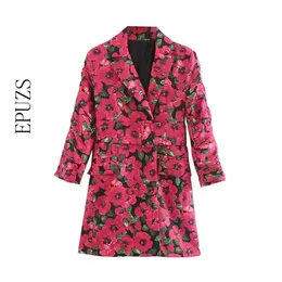 Jesień Z Długim Rękawem Czerwona Kwiatowa Sukienka Kobiety Elegancki Vintage Z Pasem Blazer Mini Dess Casual Damskie Dresses Korean Boho Vestidos 210521