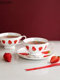 Strawberry China Bone Coffee Mug Porcelain Cups and Mugs Coffee Gold Handle Milk Cute Simple Tazas Lovely Cup Mugs