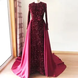 Vestidos elegantes de lantejoulas e cetim vestidos de jóias de jóias Mangas compridas vestidos de baile de formatura sereia vestido formal de saia