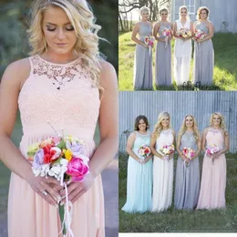 2021 New Country Style Cheap Bridesmaid Dresses Grey Blue Pink Ivory Lace Top High Waist Maternity Chiffon Long Summer Beach Dresses