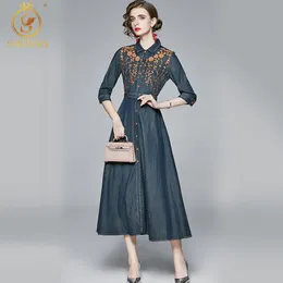 Frauen Herbst Vintage Denim Stickerei Langes Kleid Hohe Qualität Elegante Party Robe Femme Designer Runway Vestidos 210520