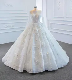 Glitter Pearls Crystal Bridal Gowns 3D Flower Appliqued Wedding Dresses Saudi Arabia Long Sleeves Custom Made Robe De Mariée