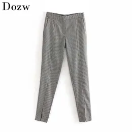 Eleganckie plisowane spodnie w kratę Kobiety Długa długość Lattice Moda Biuro Dama Spodnie Kieszenie Zipper Fly Dotnie Pantalones Mujer 210515