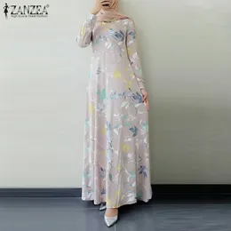 Mulheres Manga Longa Dubai Abaya Turquia Hijab Vestido Zanzea Outono Floral Impresso Maix Jilbab Roupas Islâmicas Caftan