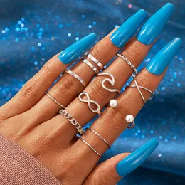 10 sztuk Minimalistyczne cienkie otwarte złote pierścienie Klasyczne Pearl Wave Cross Style Finger Pierścień Biżuteria Prezent dla kobiet