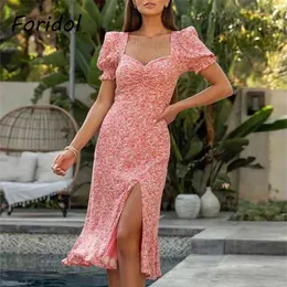 Backless Recorte Rosa Vestido de Verão Mulheres Cópia Floral Slit Boho Longo Buff Manga Ruffle Sundress 210427