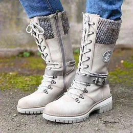 2021 Women Winter Buckle Lace Stickad Mid-Calf Boots Low Heel Round Toe Quality Warm Botas de Mujer