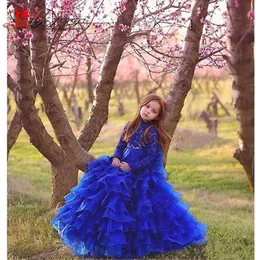 Royal Blue Organza Eleganckie Dziewczynki Pageant Sukienki Długie Rękawy Jewel Neck Kids Prom Birthday Party Suknie Dla