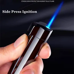 New Windproof Cigarette Torch Cigar Lighter Side Press Ignition Metal Jet Lighter Blue Flame Refillable Butane Gas Lighters Gadgtes