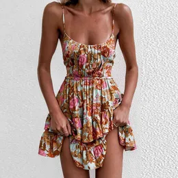 Women Summer Backless Layers Sweet Boho Short Mini Dress Floral High Waist Evening Party Beach Dresses Sundress 210521
