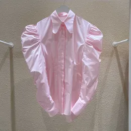Vanovich Korei's Wiosna Summer Słodki Plisowany Bubble Rękaw Lapel Kobiety Office Lady Pink Koszula Top 210615