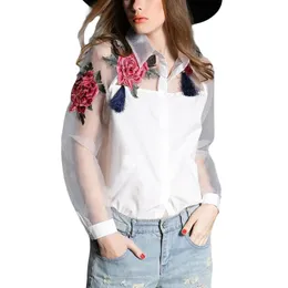Женские блузкие рубашки Summer Fashion Women Applique Applique Вышивка винтажные топы в рукаве Organza Plus Plus Size S-3XL Blusas