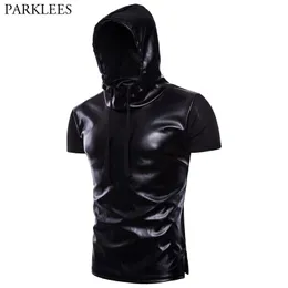 Cool Black Hoodie T Shirt Mężczyźni Patchwork PU Skórzane Moda Męskie Bluzy T Koszulki Hip Hop Hipster Nightclub DJ Top Tees Camiseta 210522