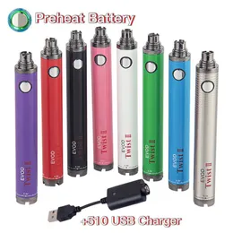 20 ADET Evod Büküm II Pil 8 Renkler UGO / Büküm 3.3 V - 4.8 V Değişken Gerilim Ön ısıtma Batterys için 510 Konu Atomizer Şarj