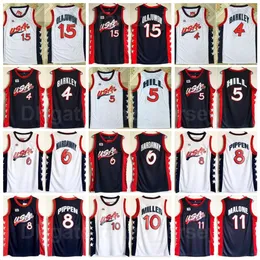 1996 US Dream Tre Basketball Scottie Pippen Jersey 8 Charles Barkley 4 Penny Hadaway 6 Hakeem Olajuwon 15 Karl Malone 11 Grant Hill 5 Reggie Miller 10 Blå Vit