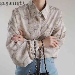 GAGANIGHT Moda Kadınlar Bluz Uzun Kollu Turn Aşağı Tek Göğüslü Kore Chic Gömlek Kadın Vintage Bluzlar Bahar Blusas 210410