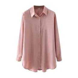 BLSQR Fashion Button Up Satin Silk Shirt Vintage Blus Kvinnor Rosa Lady Långärmad Kvinnor Loose Street Shirts 210430