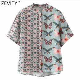 Zevity 여성 빈티지 나비 패치 워크 프린트 캐주얼 블라우스 사무실 레이디 짧은 소매 여름 셔츠 세련된 Chemise 탑스 LS9138 210603