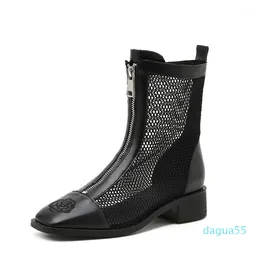 Botas senhoras Low Heels tornozelo para mulheres Malha de Verão Alta Preta Front Zipper Sapatos Bottos Um Talons Femme1