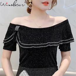 Summer Korean Clothes Ruffles Mesh T-Shirt Girls Fashion Sexy Boat Neck Women Tops Short Sleeve Shiny Diamonds Tees 2021 T12910A X0628