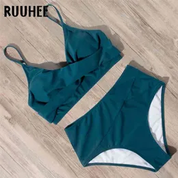 Ruuhee baddräkt kvinna hög midja bikini kvinnor leopard solid baddräkt kvinna med pad push up swimwear 210625