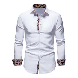 Biały Paisley Męskie Koszula Patchwork Szczupła Z Długim Rękawem Casual Koszule Mężczyźni Splice Pracy Biznes Ślub Camisas Spring Marka 210524
