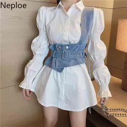NEPLOE Korean Suit 2 Piece Set Loose Puff Sleeve Vit Blus Toppar Slim Waist Oregular Cowboy Vest Två Piece Outfits för Kvinnor 210730