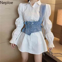 Neploe Terno Coreano 2 Piece Solta Solta Buff Branco Blusa Tops Slim Cintura Irregular Cowboy Colete Duas roupas para as mulheres 210730