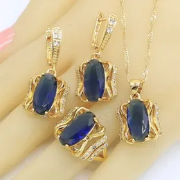 Geometric Blue Semi-precious Gold Color Jewelry Sets for Women Party Earrings Necklace Pendant Rings Gift Box H1022