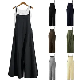 Sommar Kvinnor Casual Solid Strap Wide Ben Byxor Fickor Romper Dungaree Bib Overaller Lösa Bomull Linen Jumpsuits Kvinnors Rompers