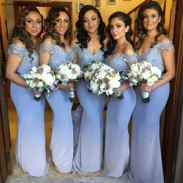 Dusty Blue Bridesmaid Dresses Mermaid Chiffon Lace Applique Beaded Floor Length Custom Made Plus Size Maid of Honor Gown vestidos Beach Wedding Party Wear