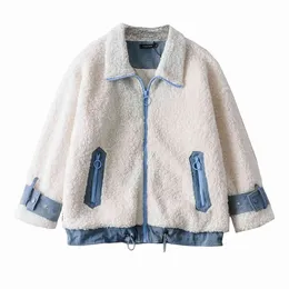 Winter Fashion Spliced ​​Drawstring Denim Faux Lamb Fur Coat Kvinnor Mode Zippers Now-down Collar Cashmere Jacket 210520