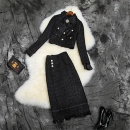 Höst vinterbanan två stycken sätter kvinnor topp varumärke mode bowknot ulljacka och kjol kostym kvinnliga outfits 210601