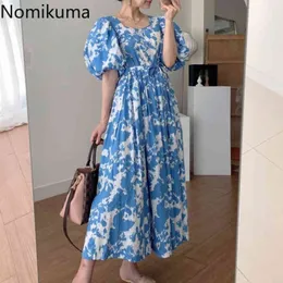 Nomikuma korea chic vintage klänning kvinnor blommig tryckt fyrkantig krage puff ärm klänningar kvinnor smal midja en linje vestidos mujer 210514