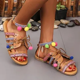 Sandaler Telotuny Kvinnor Bohemian Fish Mouth Ball Cross Straps Open Toe Flat Beach Shoes 2021 Summer Femme Plus Size