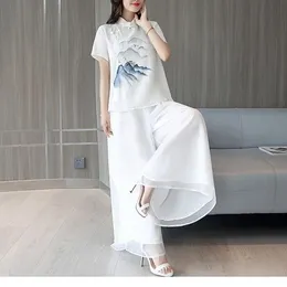 Summer Haft Koszula + Spodnie Qipao Garnitur Dla Kobiet Nowoczesne Chińskie Odzież Tradycyjne Mandaryn Collar Cheongsam Top Spodnie Zestaw X0428