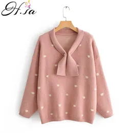 H.SA Women Winter Long SLeeve Crew Neck Pink Pullover and Sweater Polka Dots Bow Sweaters Kawaii Knitwear Tops 210417