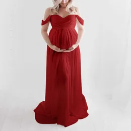 Yeni moda kadınlar omuz kapalı hamile seksi fotoğrafçılık fırfırlı emziren uzun elbise annelik kıyafetleri vestidos de gestante