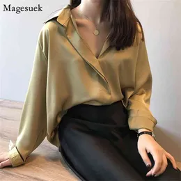 Spring Korean Loose Blouses Women Casual Office Solid Satin Blouse Shirts Single-breasted Long Sleeve Shirt Tops 5273 210512