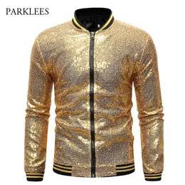 Shiny Sequins Sparkle Bomber Jacket Men est Gold Glitter Striped Zipper Mens Jackets And Coats Party Dance Show Clothes 211217