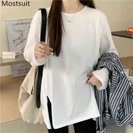 Katı Gevşek Kadın T Gömlek Tops Tam Kollu O-Boyun Bölme Tees Rahat Moda Bayanlar Temel T-Shirt Femme 210513