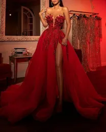 2021 Suknie Wieczorowe z odłączanym pociągiem Off Ramię Koraliki Mermaid Prom Suknie Lace Aplikacja Luksusowa Red Party Dress Rates de Soirée