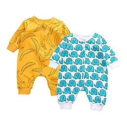 Söt nyfödd unisex baby pojke tjej bomull kläder babyer liten elefant romer jumpsuit outfits nyfödd baby gul bananduk g1221