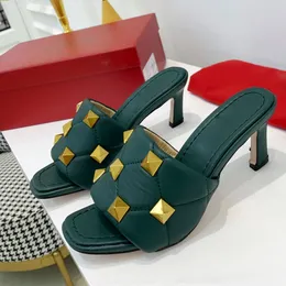 女性の割引トランプファッションスリッパスクエアミュールブランド靴水セクシーなハイヒールリドサンダルレザー高級デザイナー靴紐オリジナルボックス