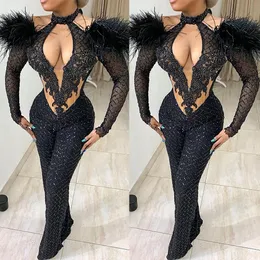 Plus Size Black Mermaid Prom Dress Feather Sequins Halter Long Sleeve Jumpsuits Sweet 15 16 Quinceanera Evening Dresses Birthday Party Special Occasion