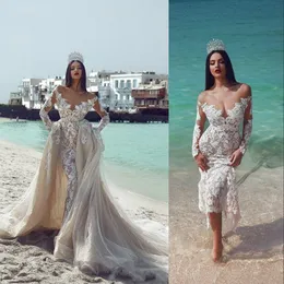 2021 Sexy氏は、Mhamad Champagne Mermaidのウェディングドレス花嫁のガウンをオフショルダー長袖フルレースブライダルガウンプラスサイズの閲覧可能な電車