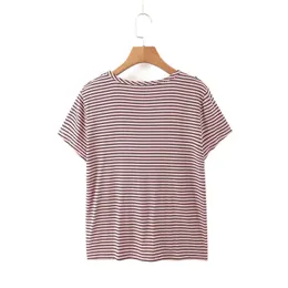 HSA Summer T-shirt Kortärmad Casual Top Tees Fashion O-Hals Striped Stitching Knuted Women Female Tops 210417